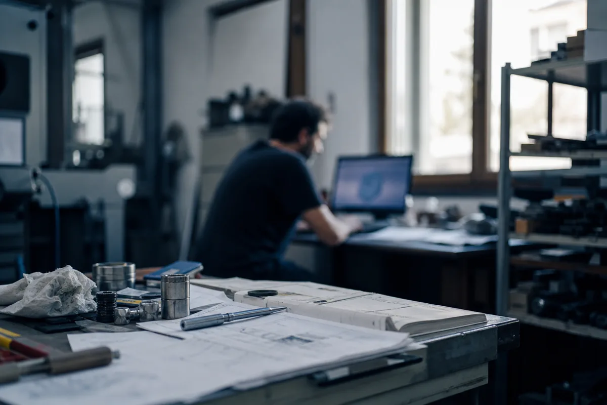 Interno di una piccola officina italiana, una persona lavora al computer sullo sfondo sfocato