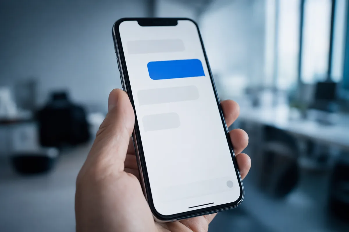 Una mano tiene uno smartphone che mostra una conversazione chat, ufficio sullo sfondo