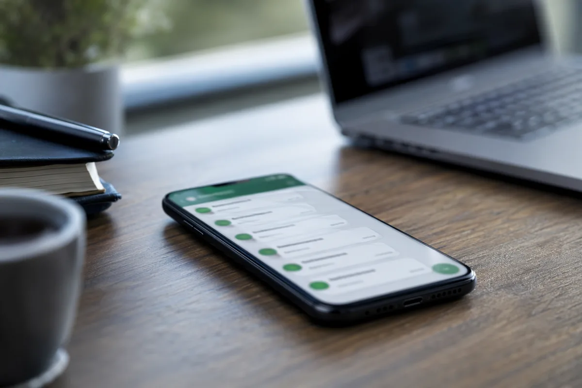 Uno smartphone su una scrivania in legno mostra un'app di messaggistica, laptop sullo sfondo