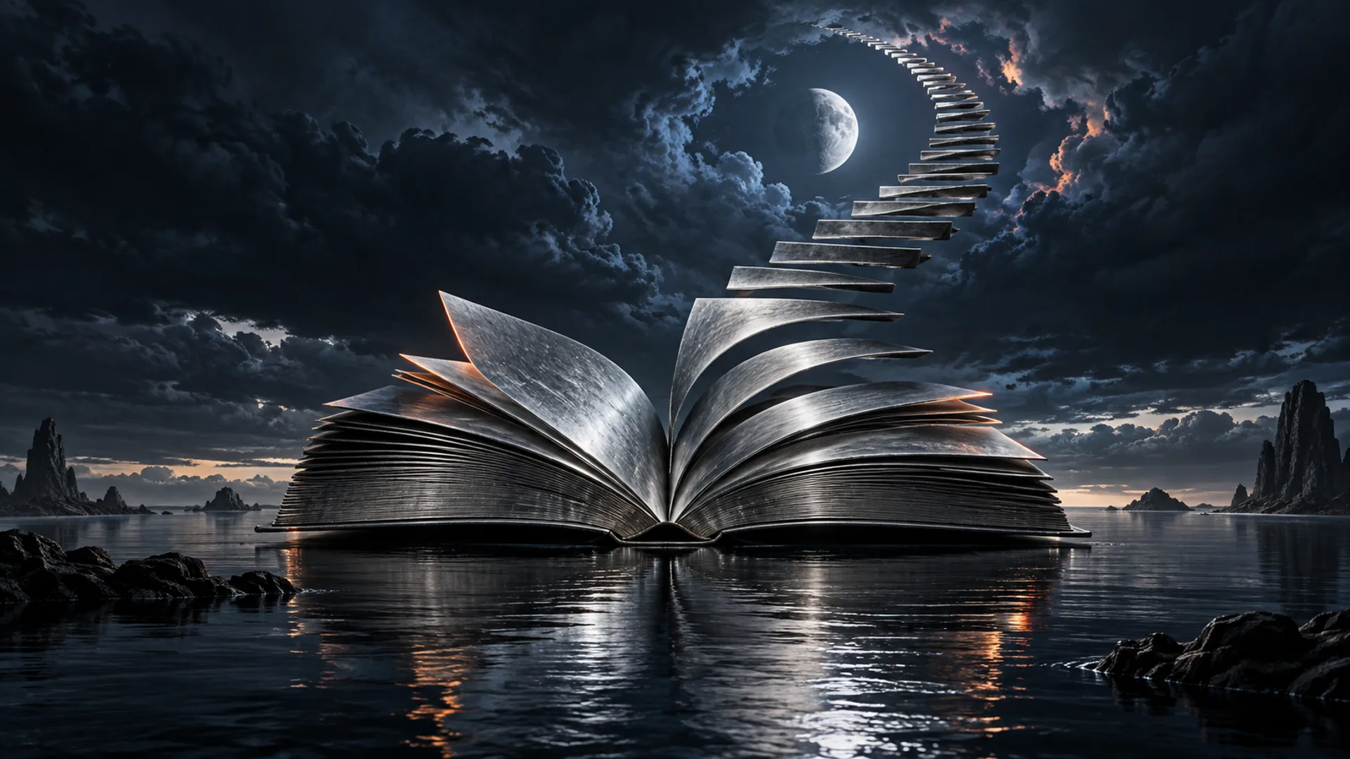 Libro aperto di metallo argentato le cui pagine diventano una scala verso il cielo notturno e la luna, sopra il mare
