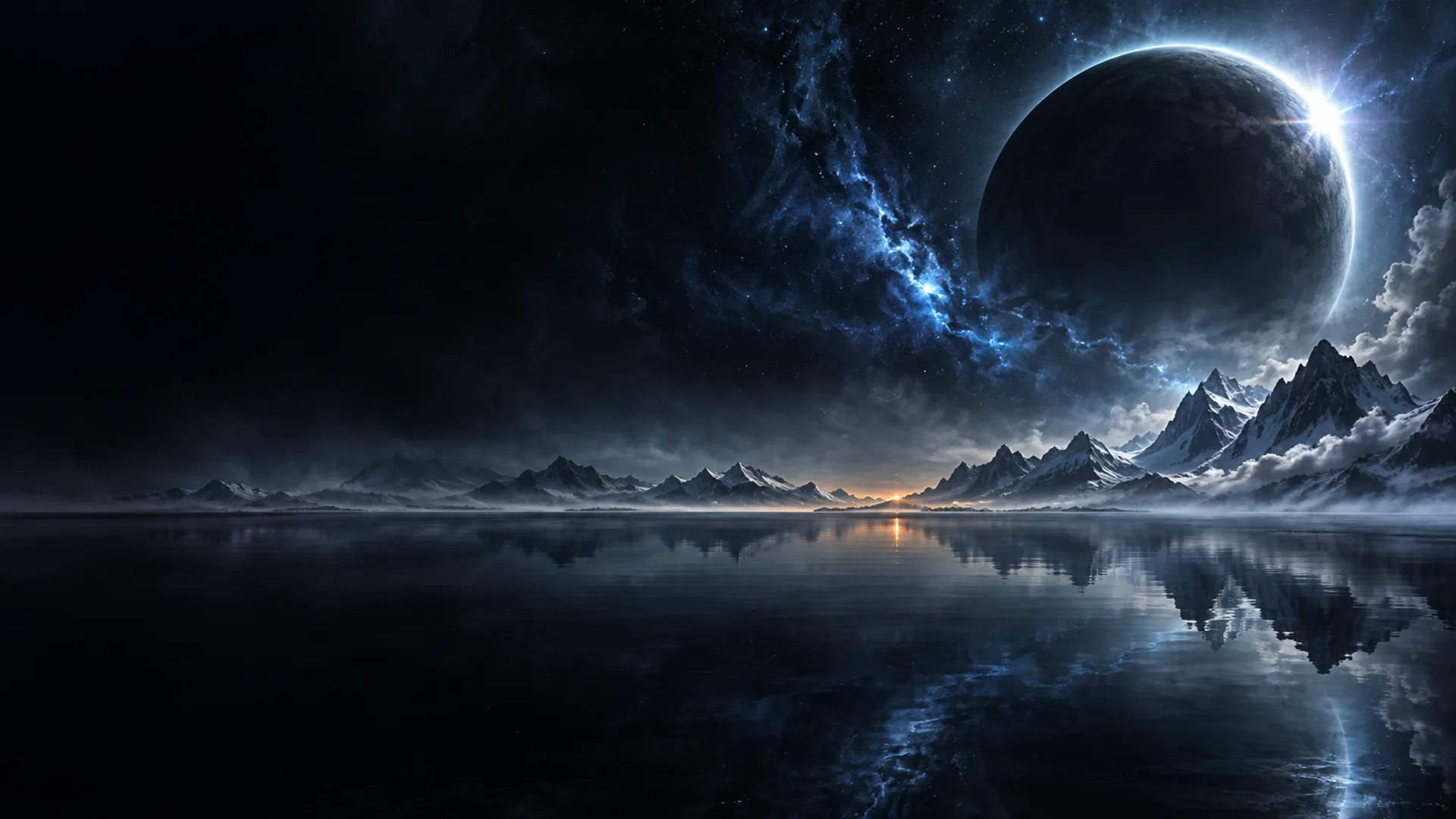 Mare scuro e immobile come uno specchio, un pianeta in eclissi e montagne innevate all'orizzonte